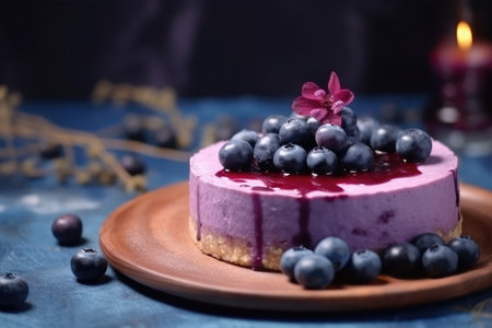 Blueberry cheesecake with fresh berries on a dark blue background.の素材
