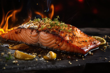 Grilled salmon fillet with lemon and thyme on a black backgroundの素材