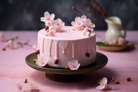 Cake with cherry blossom on pink background. Selective focus.の素材