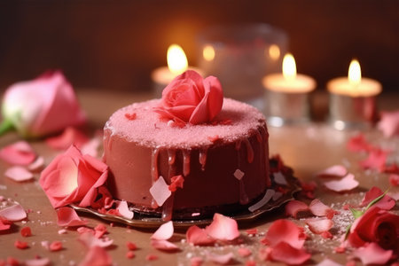 Chocolate cake with rose petals and candles on wooden table, closeupの素材
