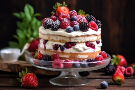 Meringue cake with berries on a wooden background. Selective focus.の素材
