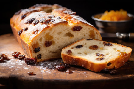 Sliced raisin bread with raisins, selective focusの素材