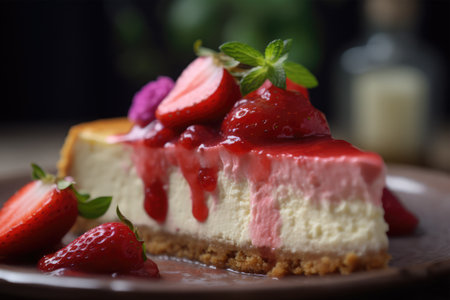 Strawberry cheesecake with fresh strawberries and mint, selective focusの素材