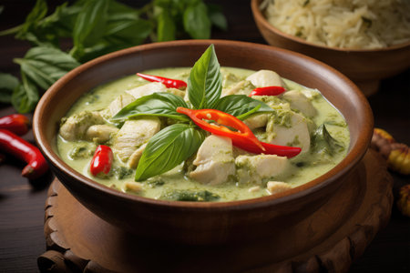 Green curry chicken with rice in a bowl on a dark wooden backgroundの素材