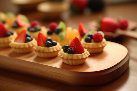 Mini fruit tartlets with fresh berries on a wooden tray, closeupの素材