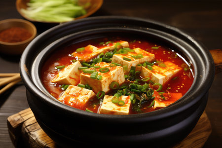 Tofu soup with soy sauce and green onion in a potの素材