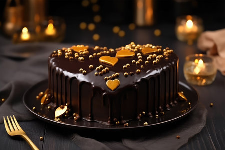 Delicious chocolate cake with heart-shaped sprinkles on table, closeupの素材