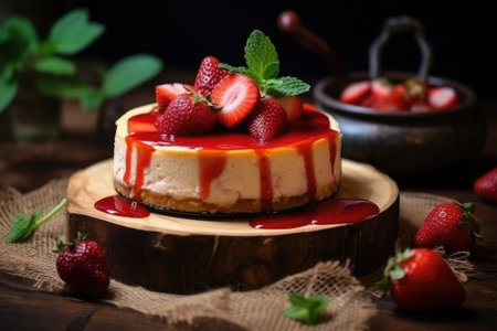 Strawberry cheesecake with fresh strawberries on a wooden background.の素材