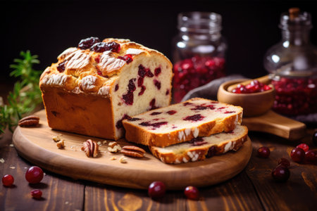 Cranberry cake with raisins and cranberries on wooden backgroundの素材