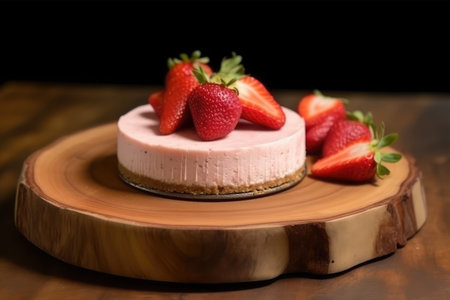 Strawberry cheesecake on a wooden board on a black backgroundの素材