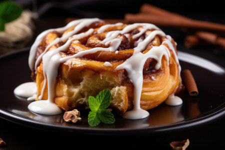 Cinnamon roll with glaze on a dark background. Selective focus.の素材
