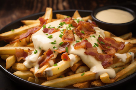 French fries with mayonnaise, bacon and mayonnaise sauceの素材