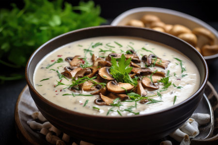 Creamy mushroom soup with parsley and dill in a bowlの素材