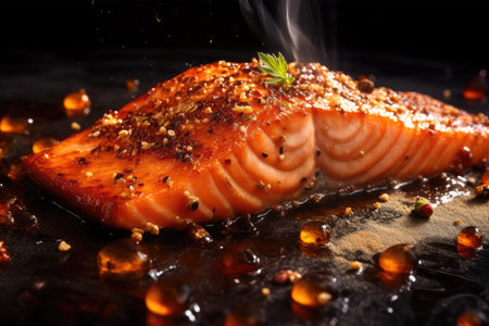 Grilled salmon fillet with herbs and spices on a black backgroundの素材