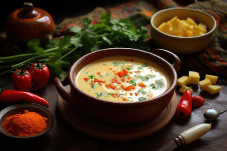 Creamy soup with cheese and herbs on a dark background.の素材
