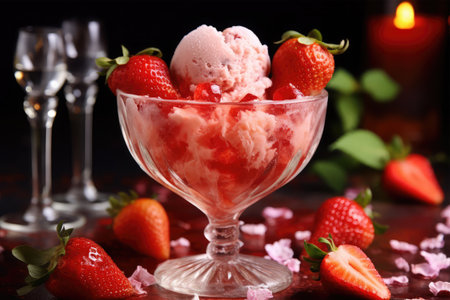 Strawberry ice cream in a glass bowl on a dark backgroundの素材