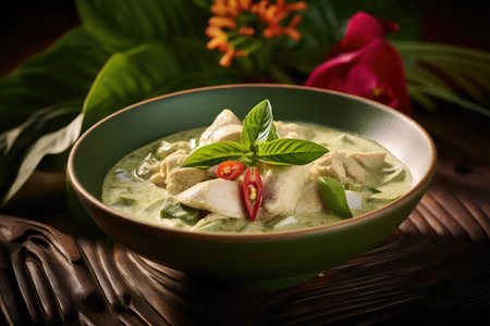 Green curry chicken with coconut milk in bowl on wooden table, Thai foodの素材