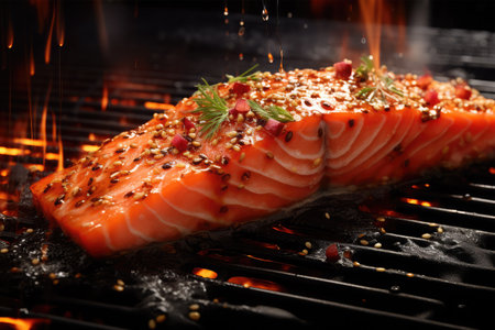 Delicious salmon steak cooking on barbecue grill, closeup. Food backgroundの素材