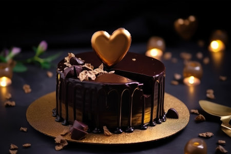 Chocolate cake with heart on top and candles on a black backgroundの素材