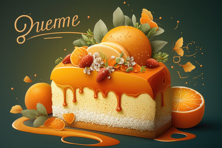 Orange cake with fresh fruit and orange slice on green background, vector illustrationの素材