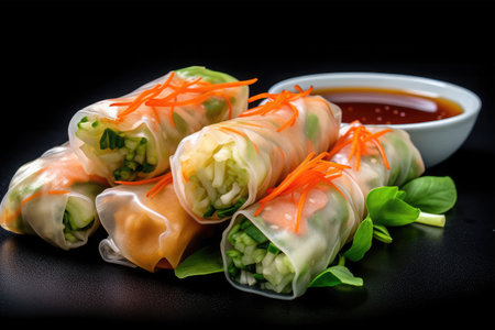 Fresh spring rolls with vegetables and sesame seeds on a black backgroundの素材