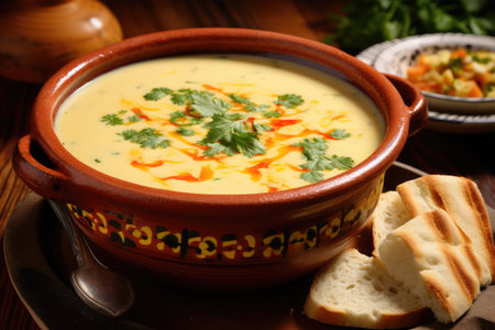 Creamy soup with parsley in a bowl on wooden backgroundの素材