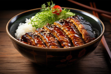 Japanese eel teriyaki with rice on a wooden background.の素材