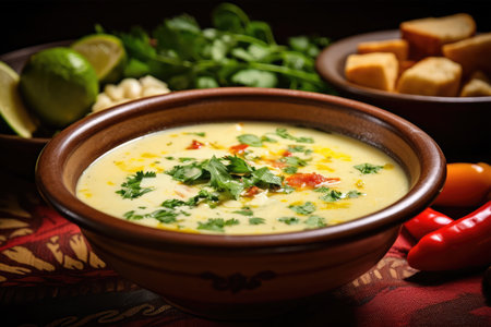 Traditional mexican corn soup with cilantro, tomatoes and limeの素材