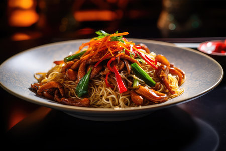 Chinese noodles with meat and vegetables on a black background in a restaurantの素材