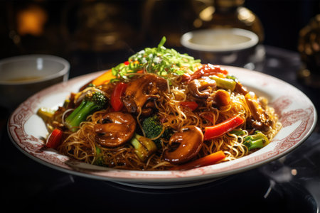 stir-fried noodles with vegetables and mushrooms on a black backgroundの素材