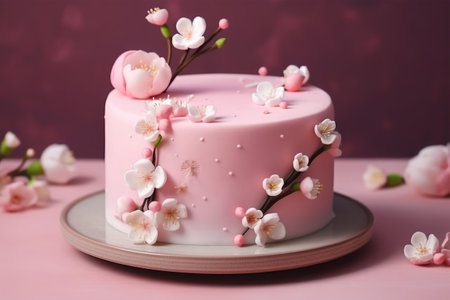 Delicious birthday cake with cherry blossom on color table, closeupの素材