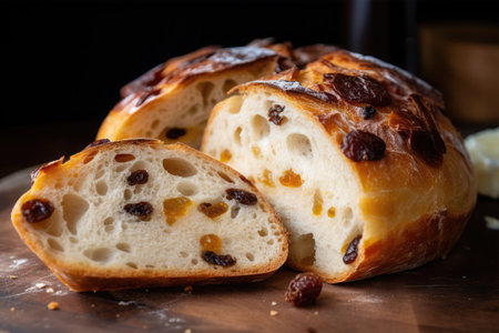 Bread with raisins and cheese on a dark background.の素材