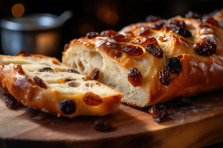Sweet bread with raisins on a wooden background. Selective focus.の素材