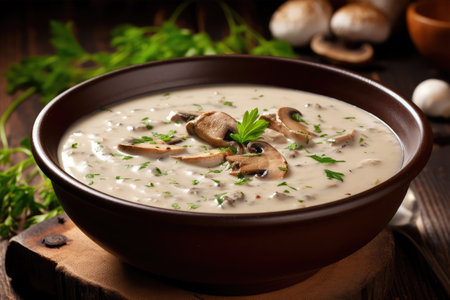 Mushroom soup with cream and parsley in a bowl on wooden backgroundの素材