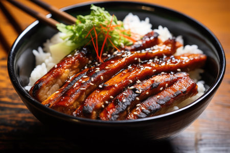 Eel teriyaki japanese food on rice in black bowlの素材