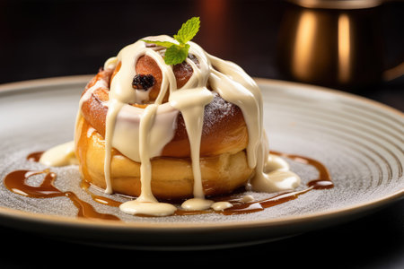 Cinnamon roll with cream and caramel sauce on a black background.の素材