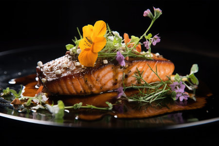 Salmon steak with buttercups and herbs on a black backgroundの素材
