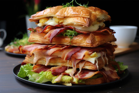 Croissant sandwich with ham, cheese and salad on black plateの素材