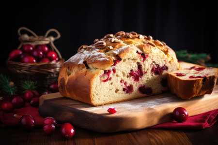 Christmas cake with cranberries and walnuts on a wooden board.の素材