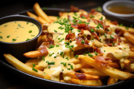 French fries with melted cheese, bacon and mayonnaise on black plateの素材