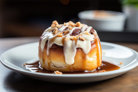 Cinnamon roll with caramel sauce on wooden table. Selective focus.の素材