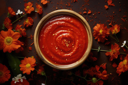 tomato sauce in a bowl with flowers on a dark wooden backgroundの素材