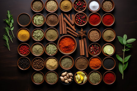 Spices and herbs in wooden bowls. Food and cuisine ingredients.の素材