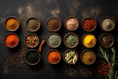 Spices and herbs in wooden bowls over black background. Top viewの素材