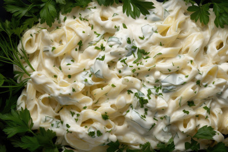 Close up of a bowl of fettuccine with cream and parsleyの素材
