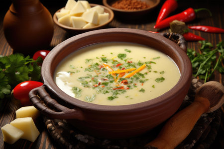 Potato soup with parsley and cheese on a wooden table.の素材