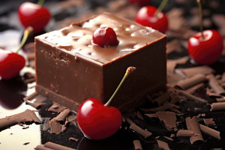 Chocolate bars with cherries on black table, closeup viewの素材