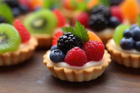 Tasty tartlets with berries on wooden table, closeup viewの素材