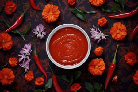 Ketchup in a bowl on a dark background with marigold flowersの素材