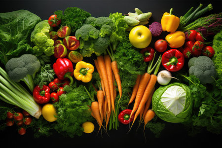 Composition with variety of raw organic vegetables on black background, top viewの素材
